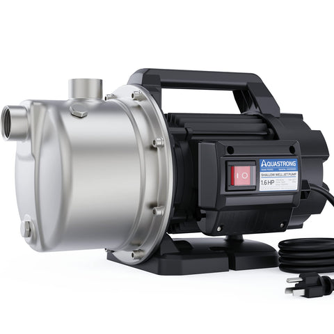 Aquastrong 1.6 HP portable shallow well pump front view for easy outdoor setup.