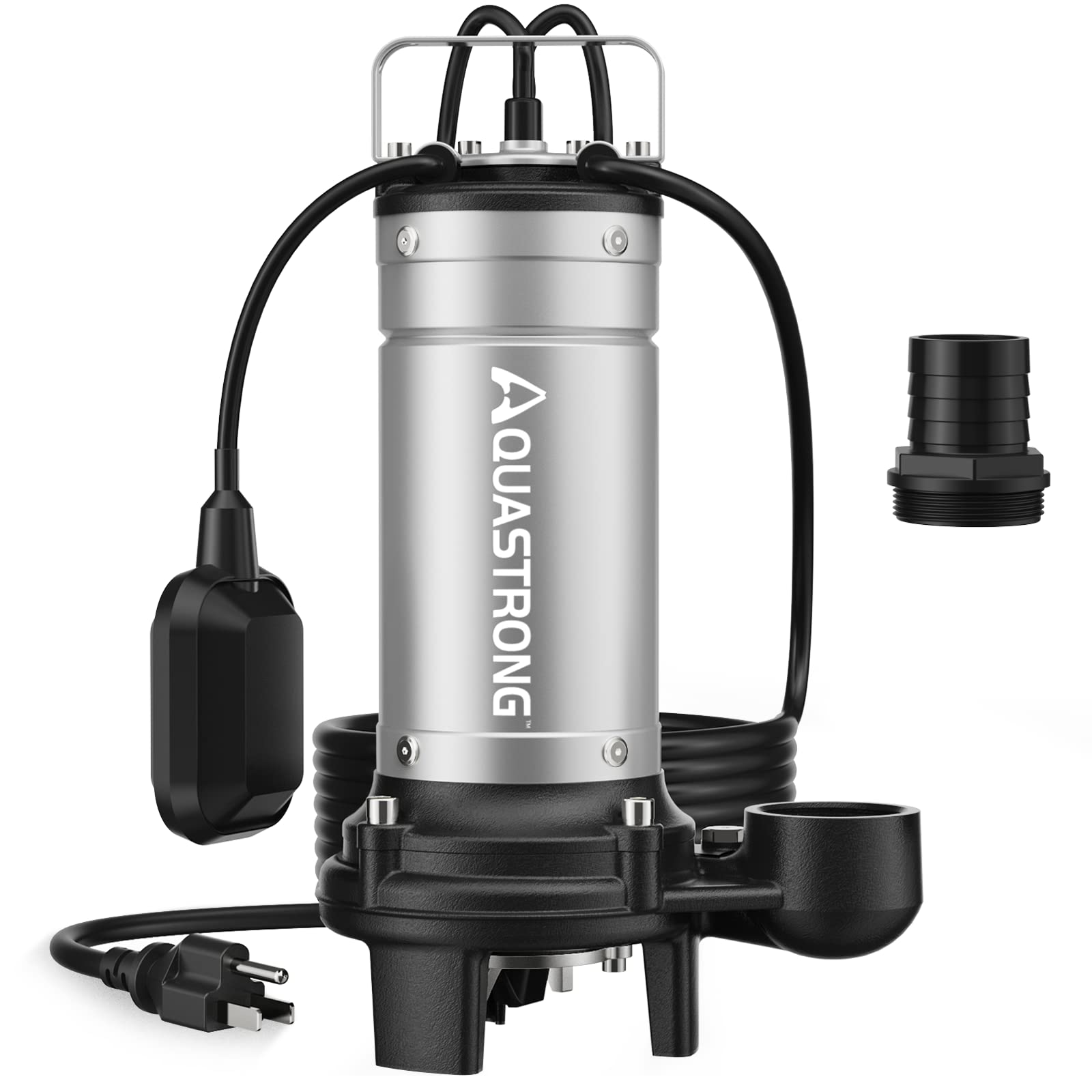 AQUASTRONG 1HP sewage grinder pump exterior showing durable stainless steel build for basement use.