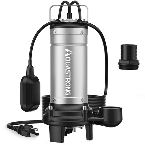 AQUASTRONG 1HP sewage grinder pump exterior showing durable stainless steel build for basement use.