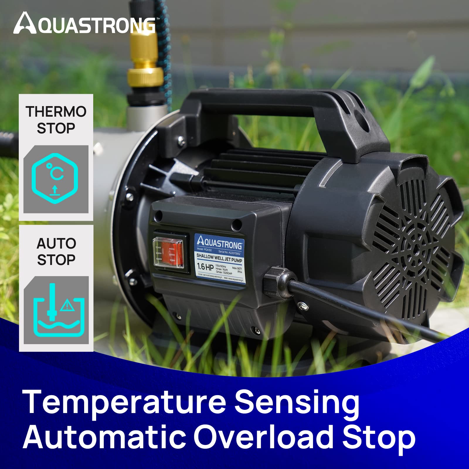 Aquastrong pump demonstrating auto shut-off feature for protection during operation.