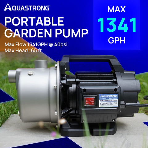 Aquastrong portable pump with iron handle shown for lawn and garden use.
