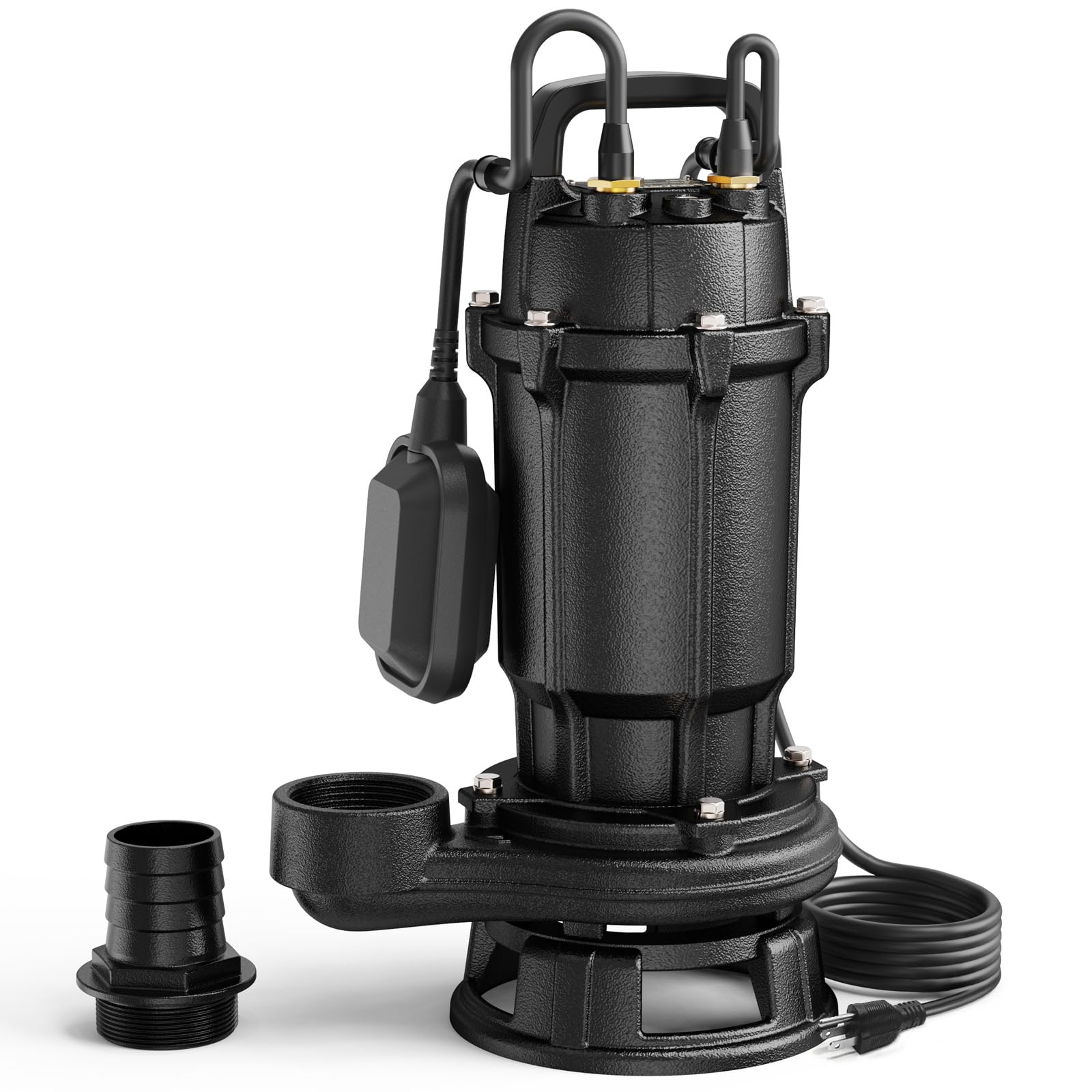 AQUASTRONG sewage grinder pump front view showing compact cast-iron housing for basement use