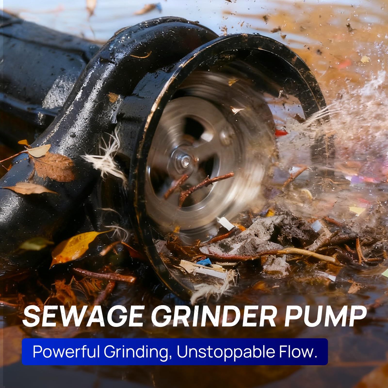 AQUASTRONG sewage grinder pump side view highlighting rugged metal construction and space efficiency