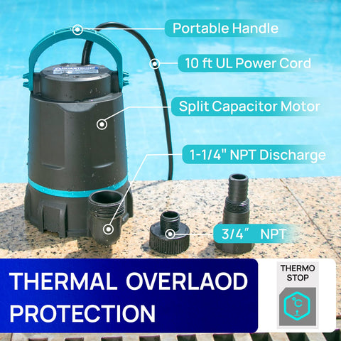 AQUASTRONG sump pump 10 ft power cord for flexible placement