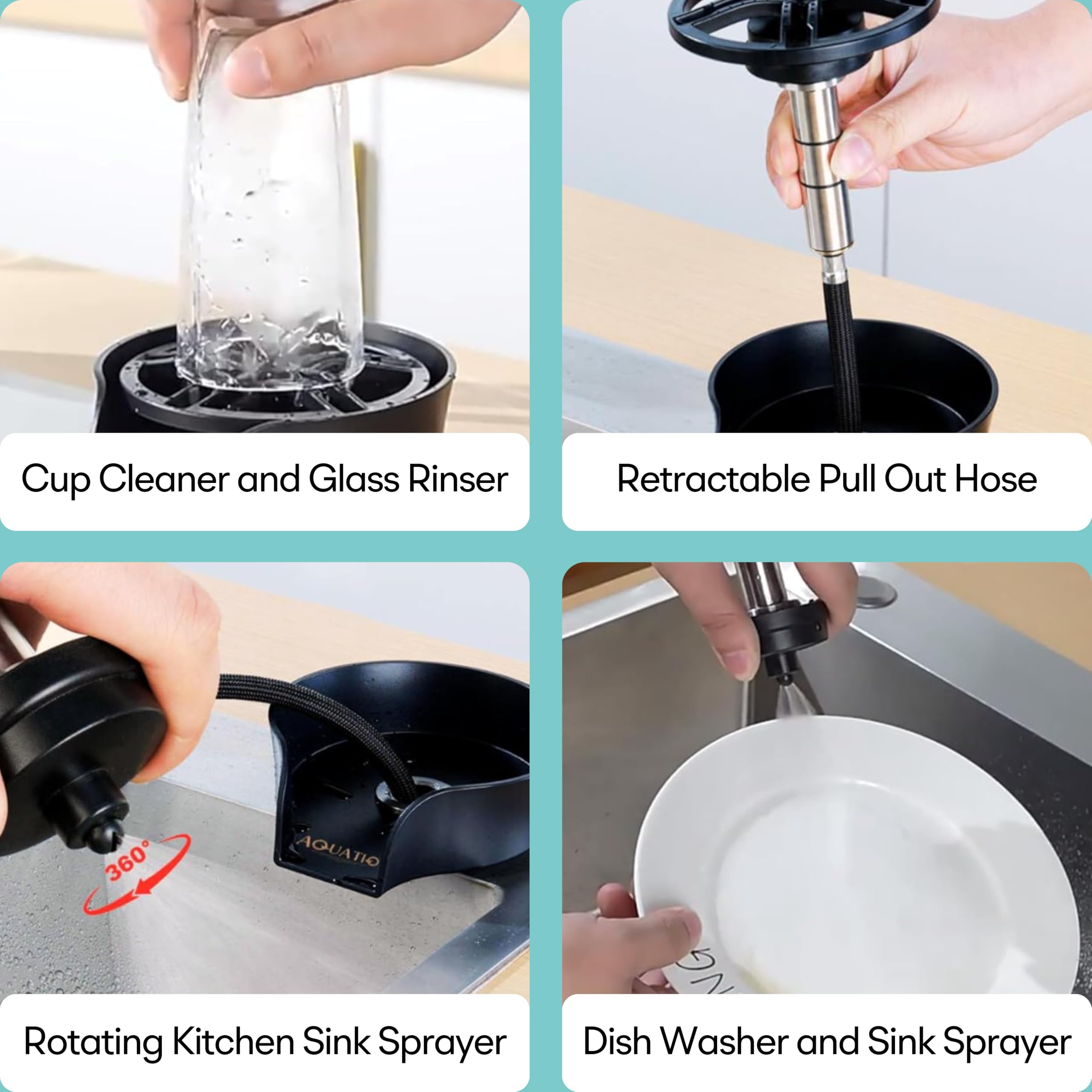 AquatiQ 120 cm retractable hose enables flexible rinsing around the sink