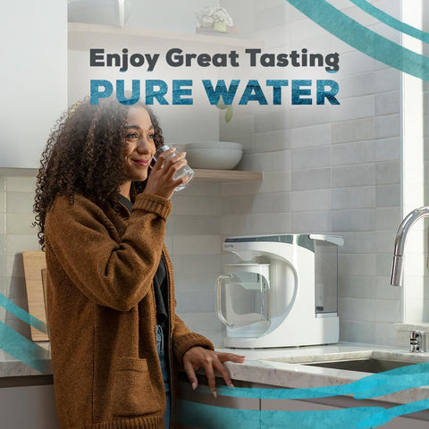 Pour-ready AquaTru water after VOC filtration for cleaner taste.