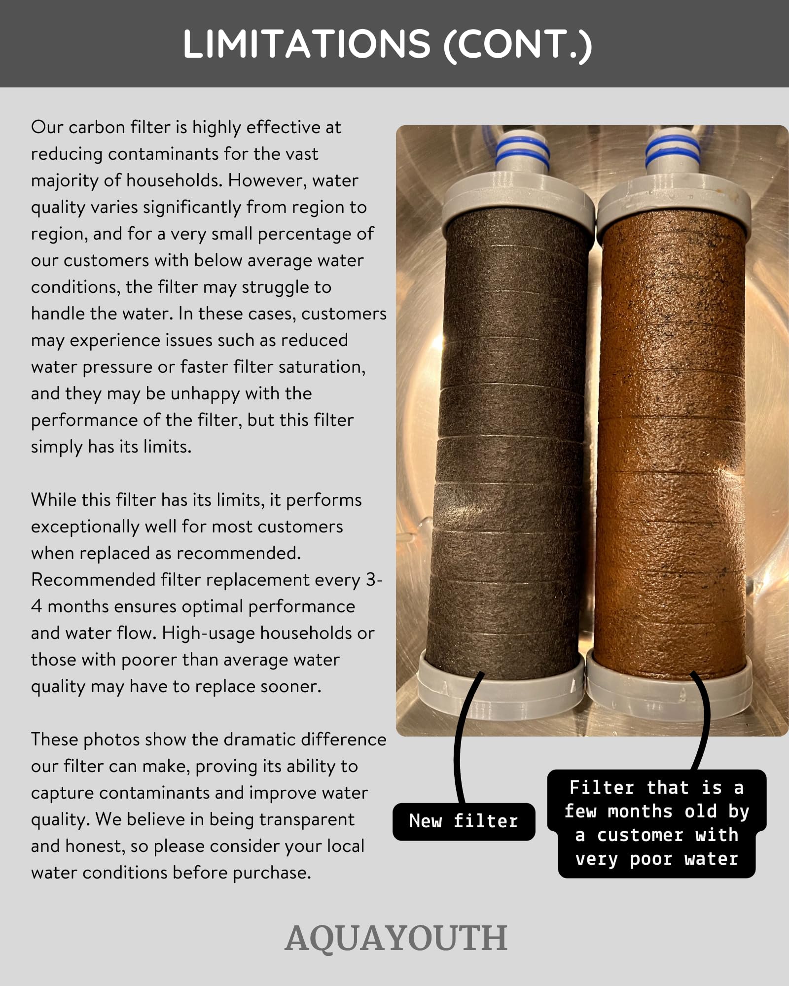 AQUAYOUTH 2.0 filter cartridge image emphasizing sediment and chlorine reduction