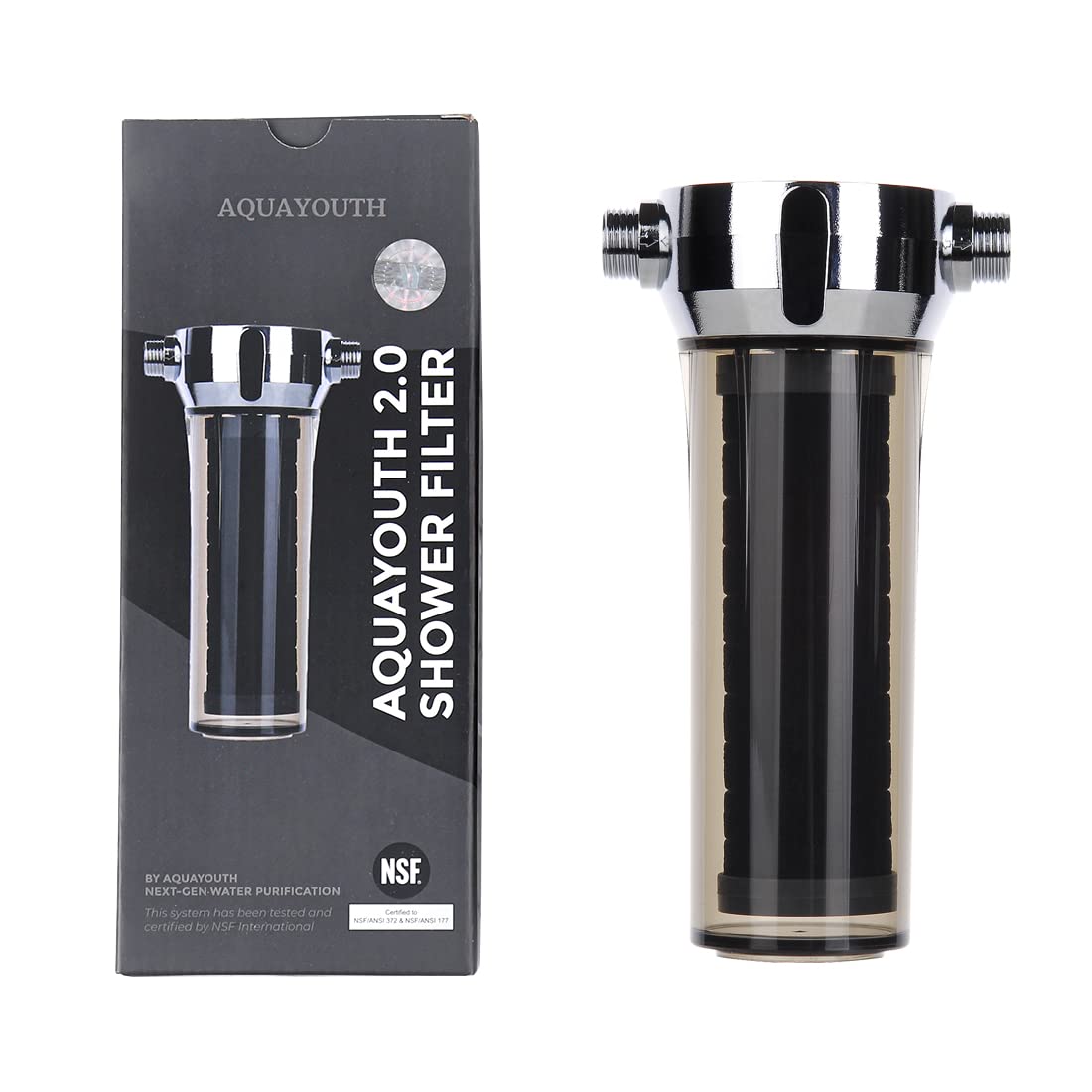 AQUAYOUTH 2.0 carbon shower head front view with sleek, compact design and easy installation