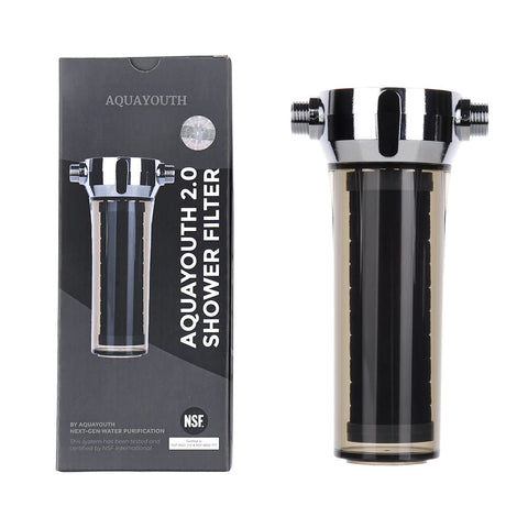 AQUAYOUTH 2.0 carbon shower head front view with sleek, compact design and easy installation