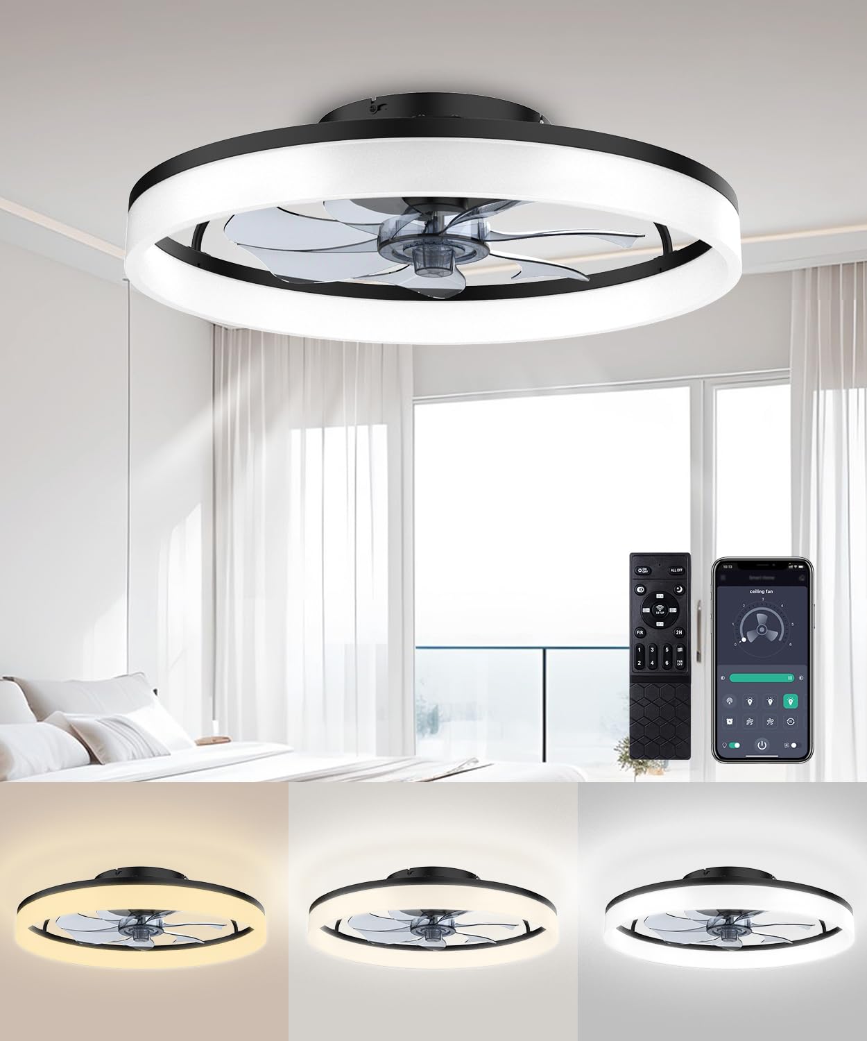 AQUBT 20-inch ceiling fan with remote lighting for versatile bedroom cooling.
