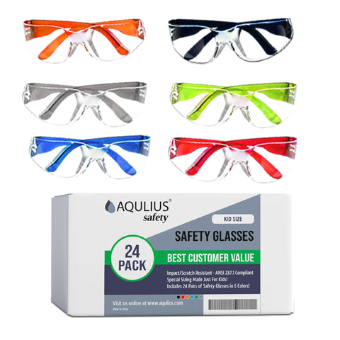 Aqulius Kids Safety Glasses with colorful frames protect young eyes during science activities.
