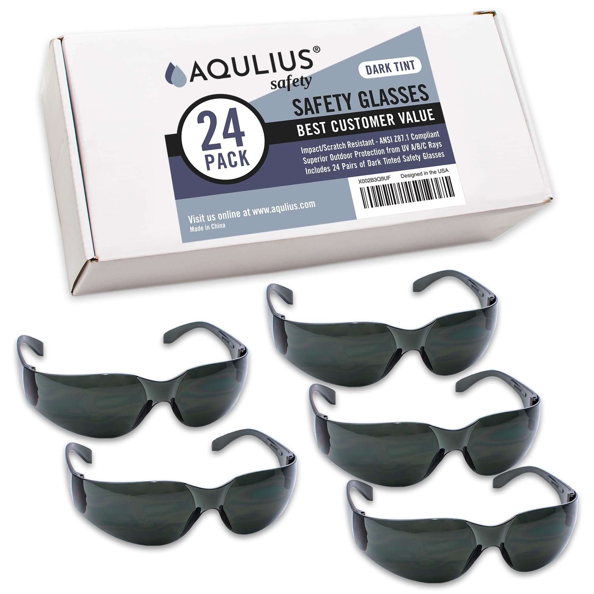 Aqulius tinted safety glasses with wrap-around protection for outdoor use.