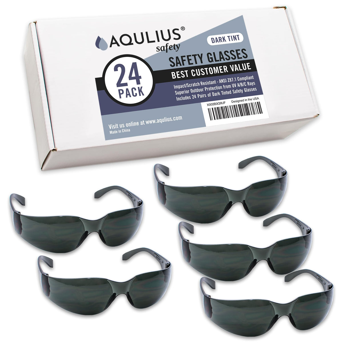 Aqulius tinted safety glasses with wrap-around protection for outdoor use.