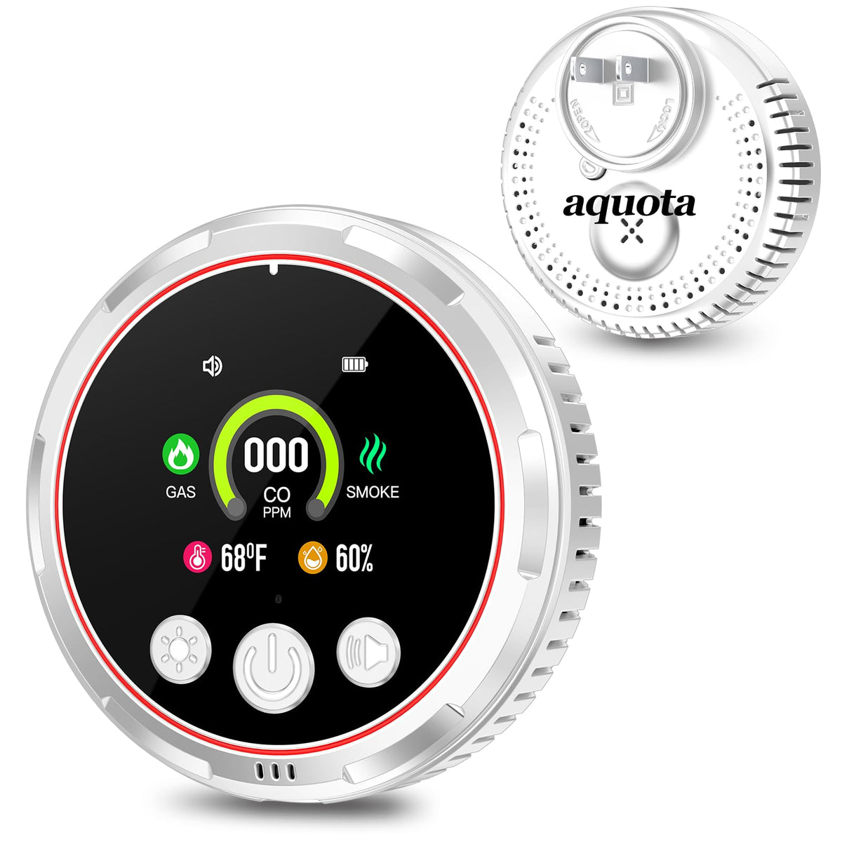 Aquota 5-in-1 CO detector plugged into outlet with 360° home protection.