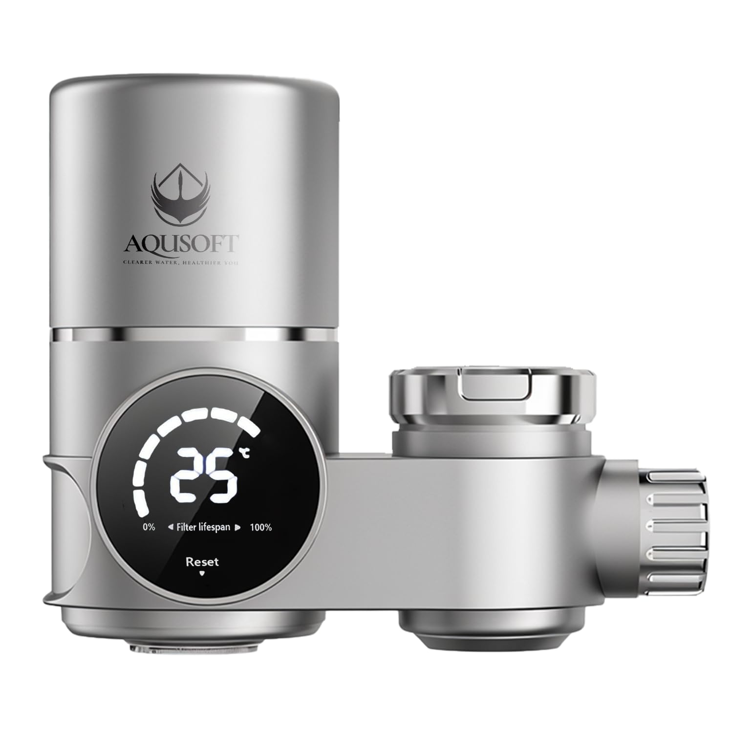 AQUSOFT Clearer Water faucet filter with LED display shows status at a glance.