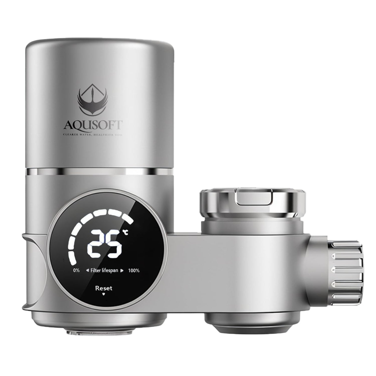 AQUSOFT Clearer Water faucet filter with LED display shows status at a glance.