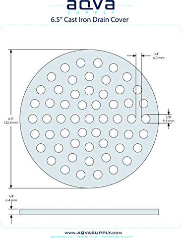 Aqva Cast Iron 6.5-inch drain cover, top view, promotes efficient drainage and long lasting use.