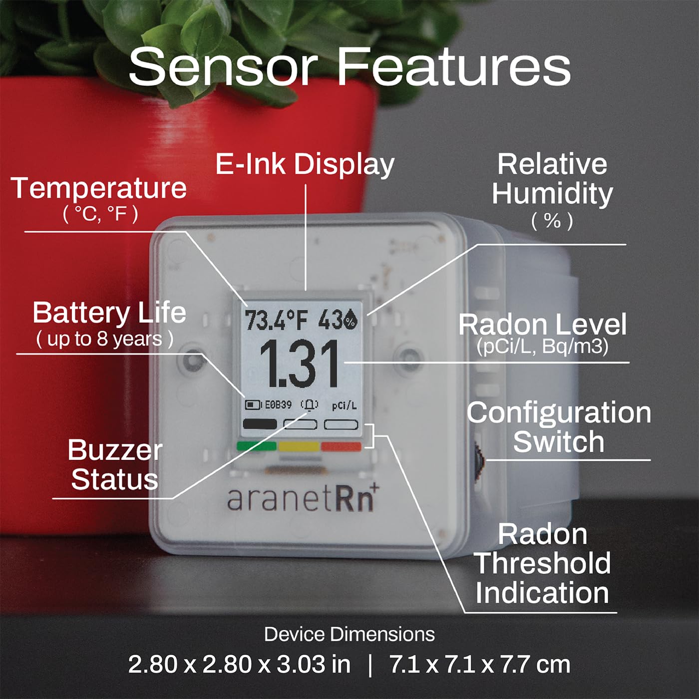 E-Ink display on Aranet SAF Radon Detector for clear visibility in any light