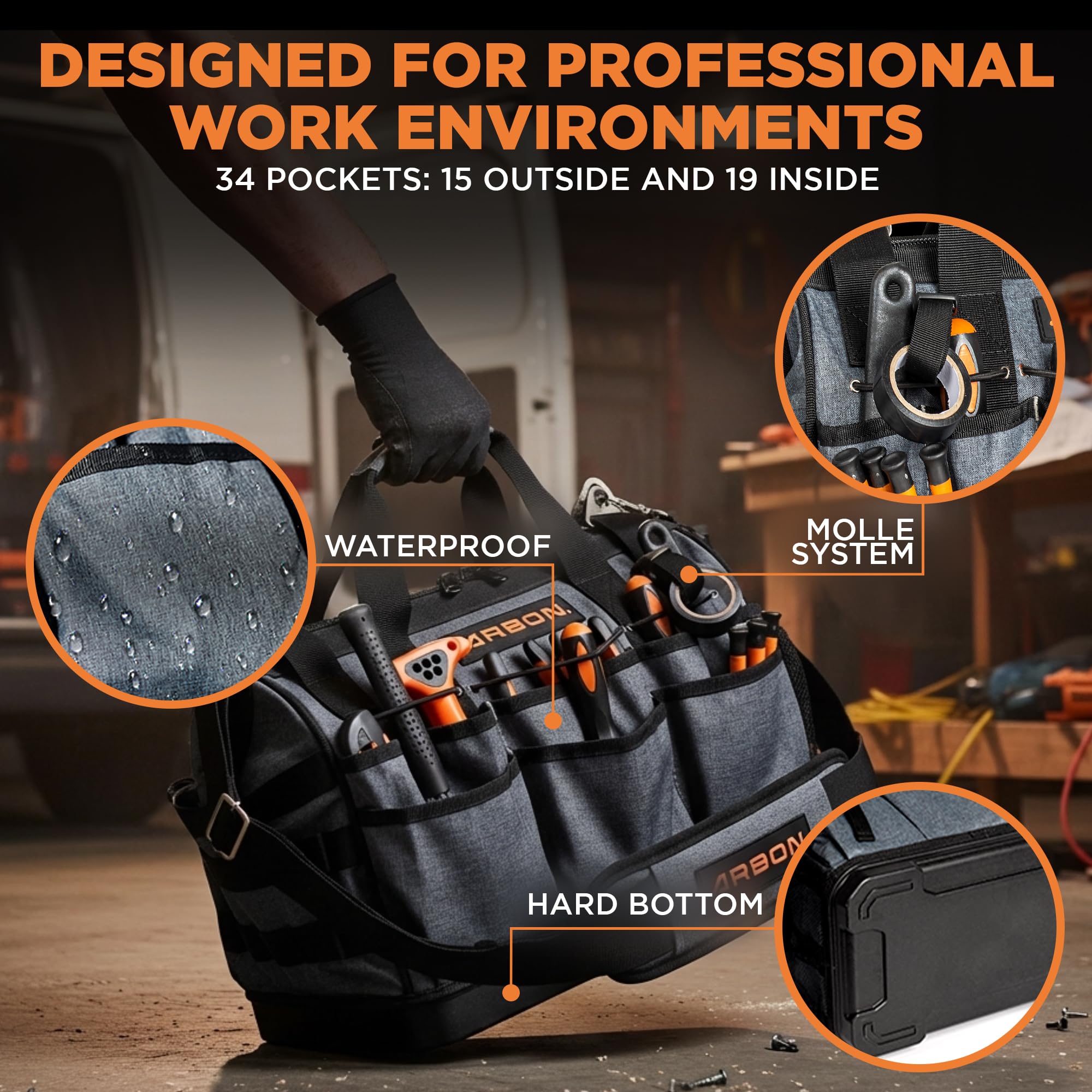Arbon heavy‑duty tool bag reinforced frame withstands tough job sites.