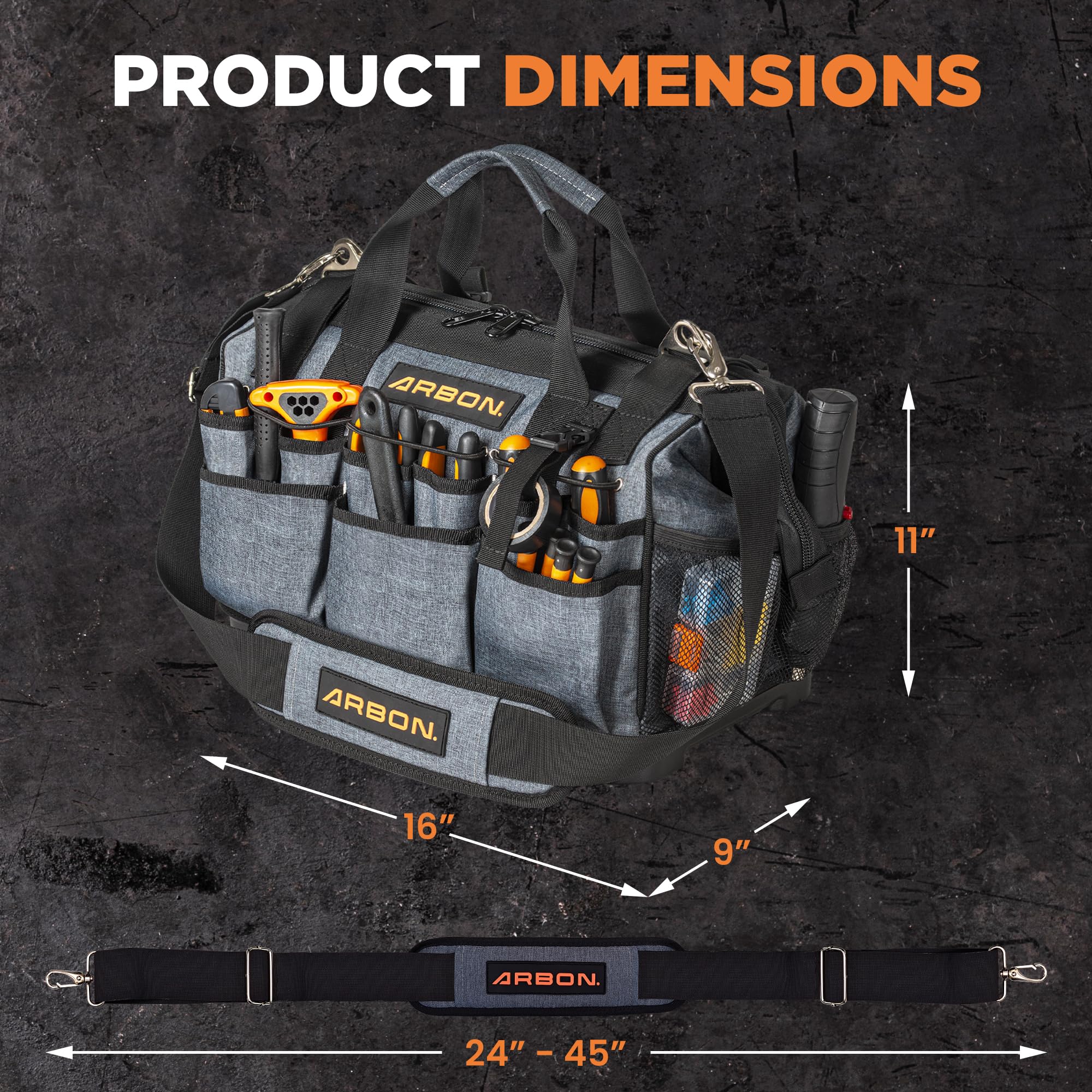 Arbon tool bag internal metal frame supports durable tool organization.