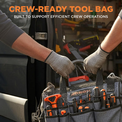 Arbon tool bag waterproof exterior protects tools during outdoor jobs.