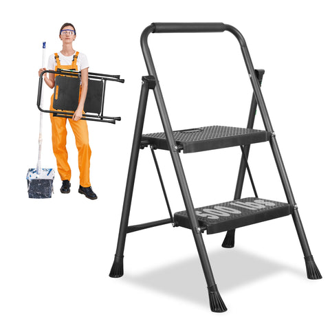 Arbusb 2-step ladder open for safe, sturdy reach on high shelves.