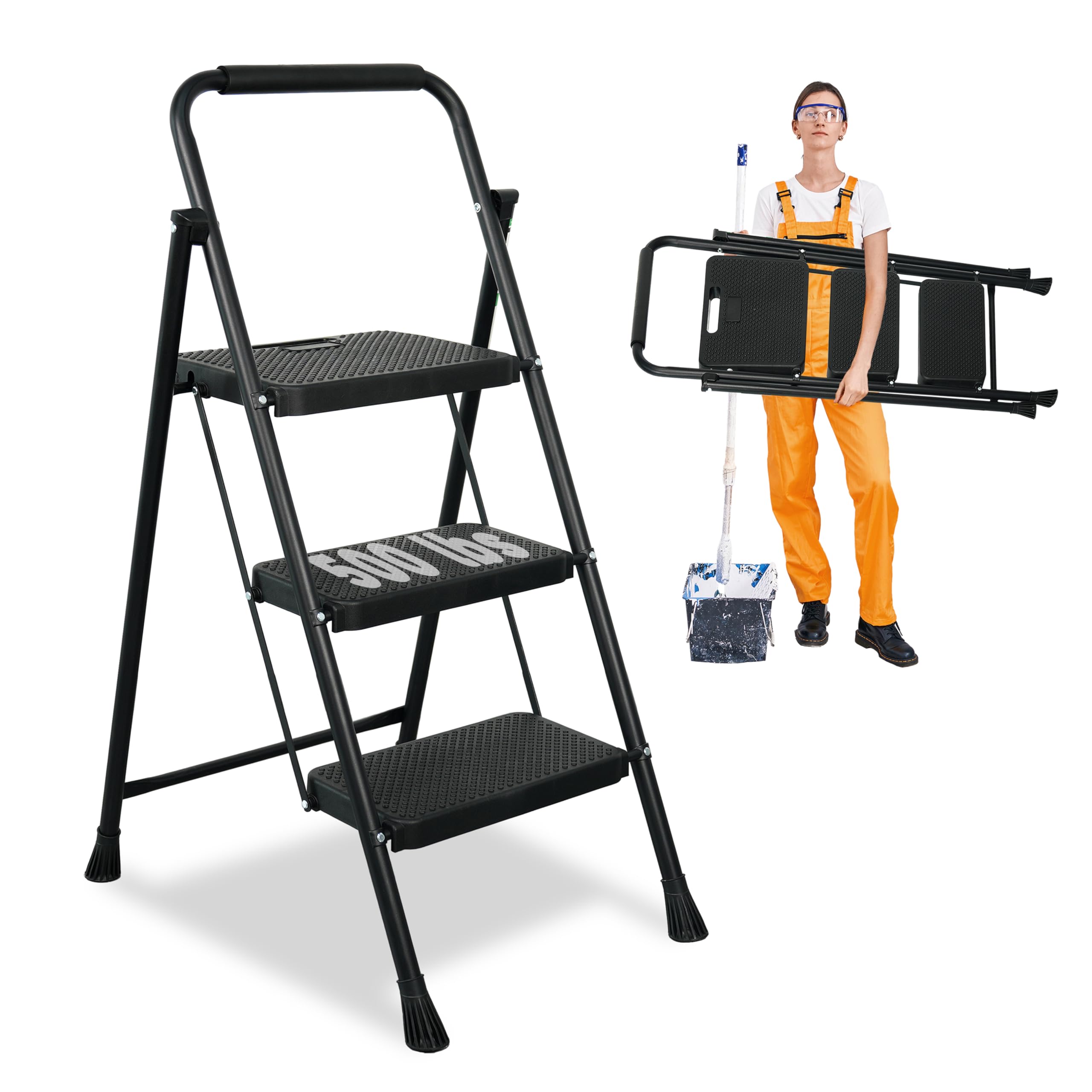 Arbusb 3 Step Ladder opened for high reach tasks on a steel frame.