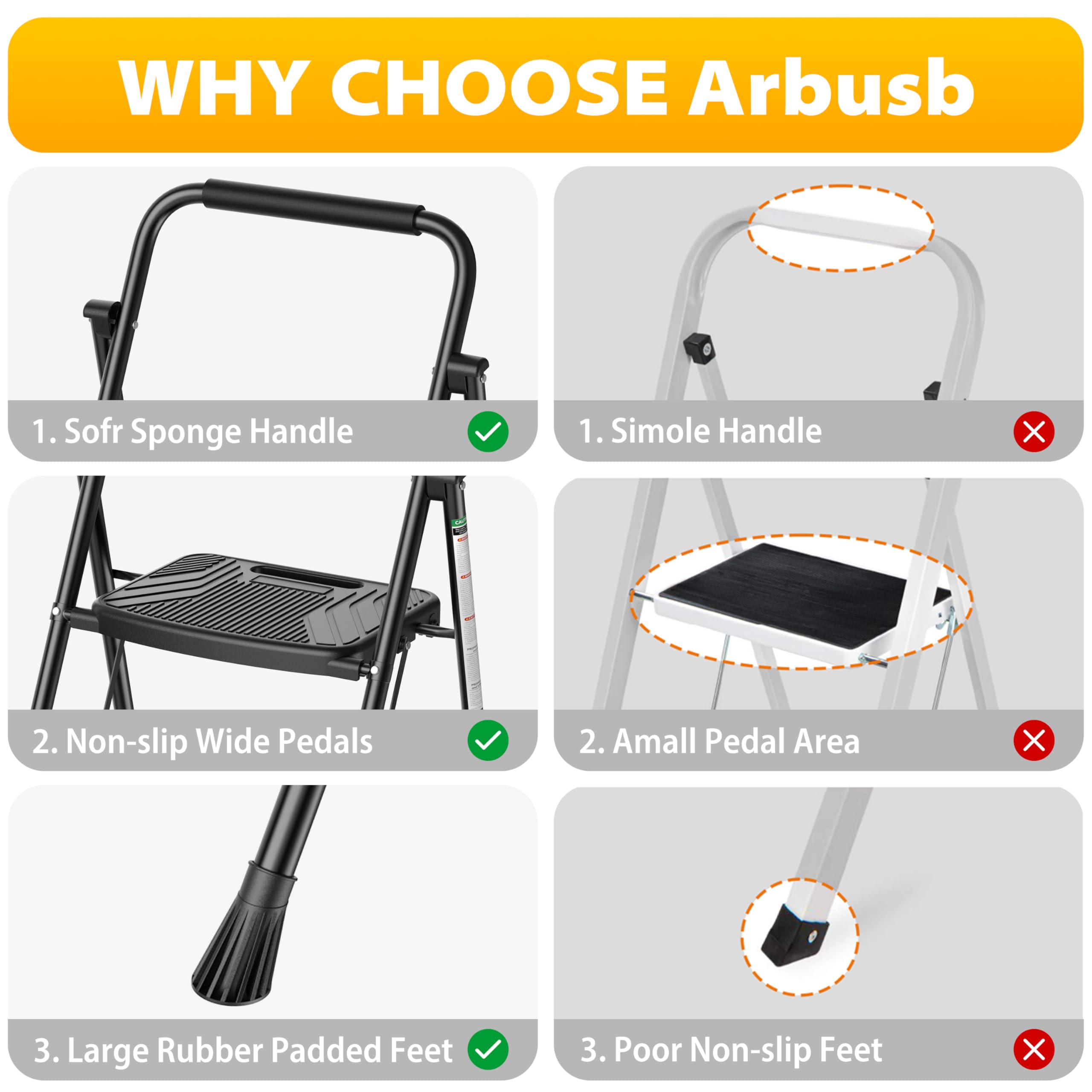 Arbusb 3Step Ladder supports up to 500 lbs for heavy tasks.