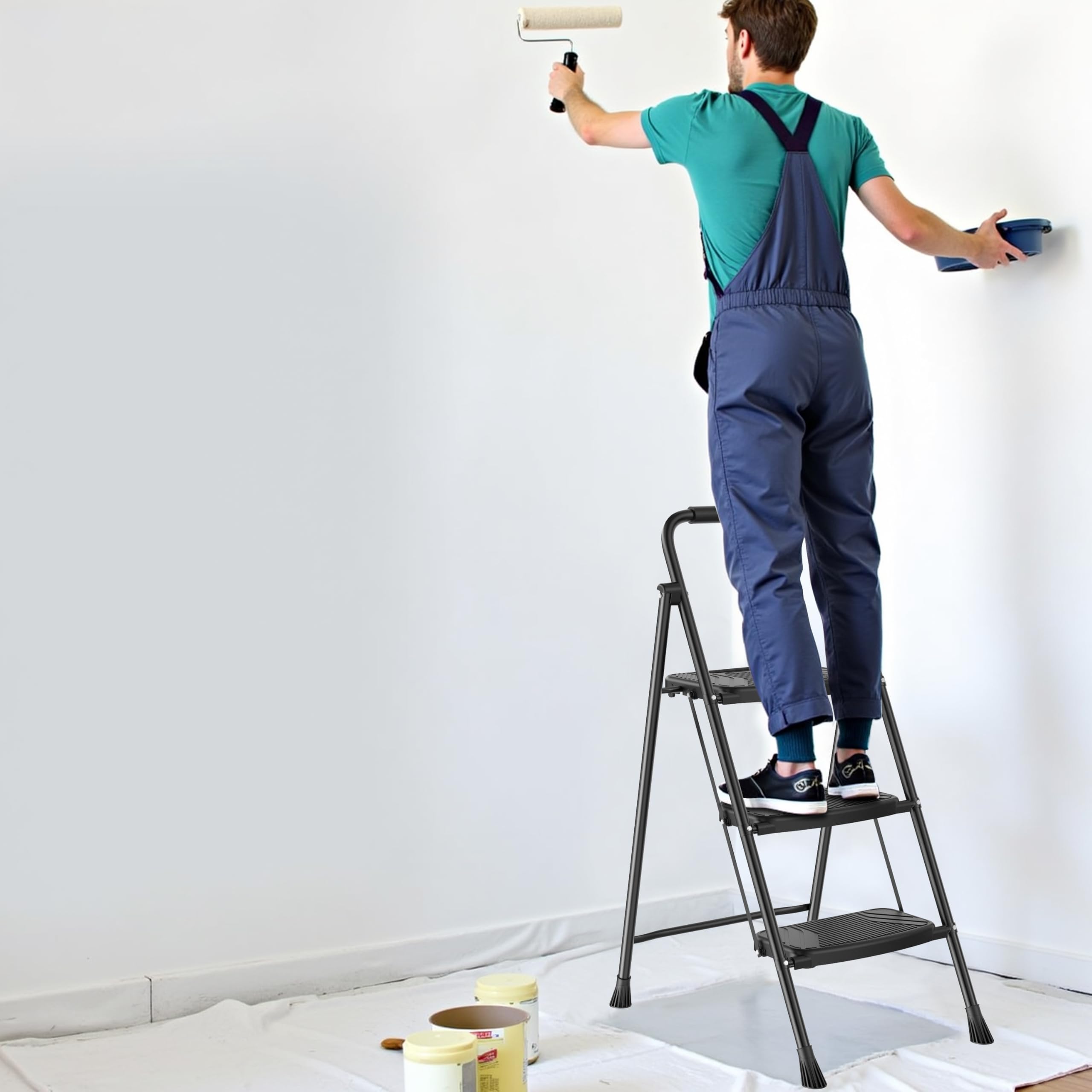 Arbusb 3Step Ladder versatile for cabinets, painting, and cleaning tasks.