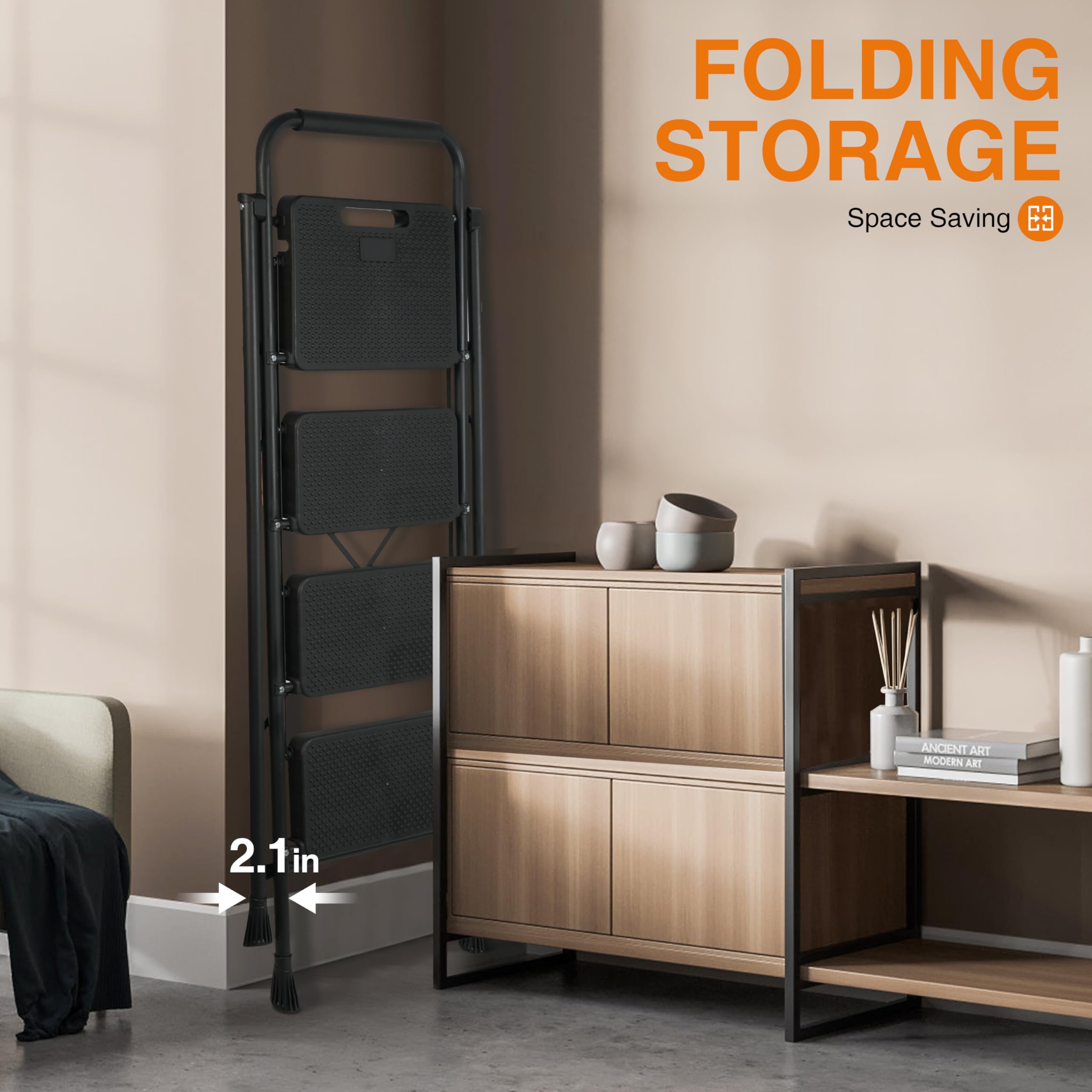 Arbusb 4-Step Ladder rubber feet emphasize floor grip and stability.