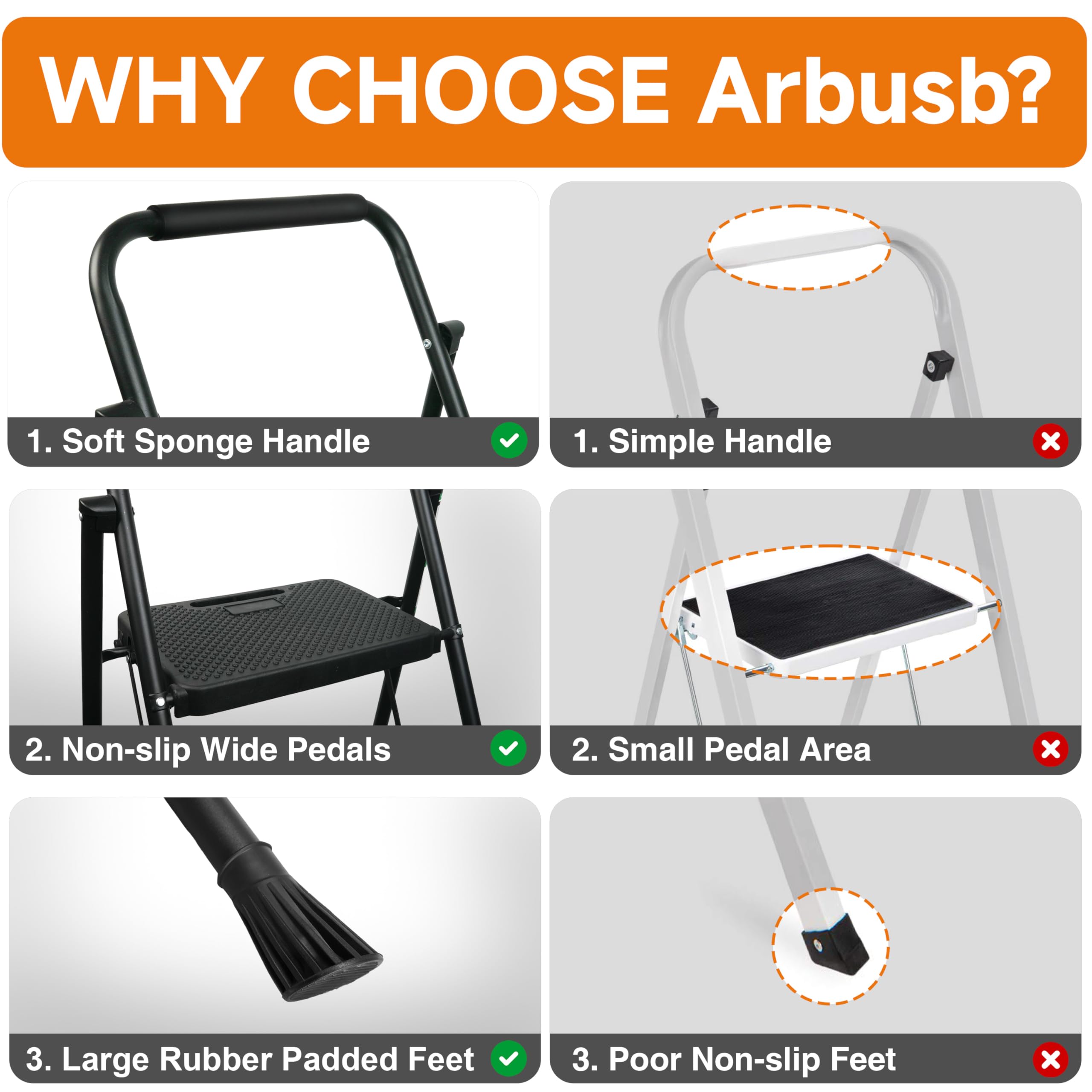 Arbusb wide pedals support stable footing on various surfaces.