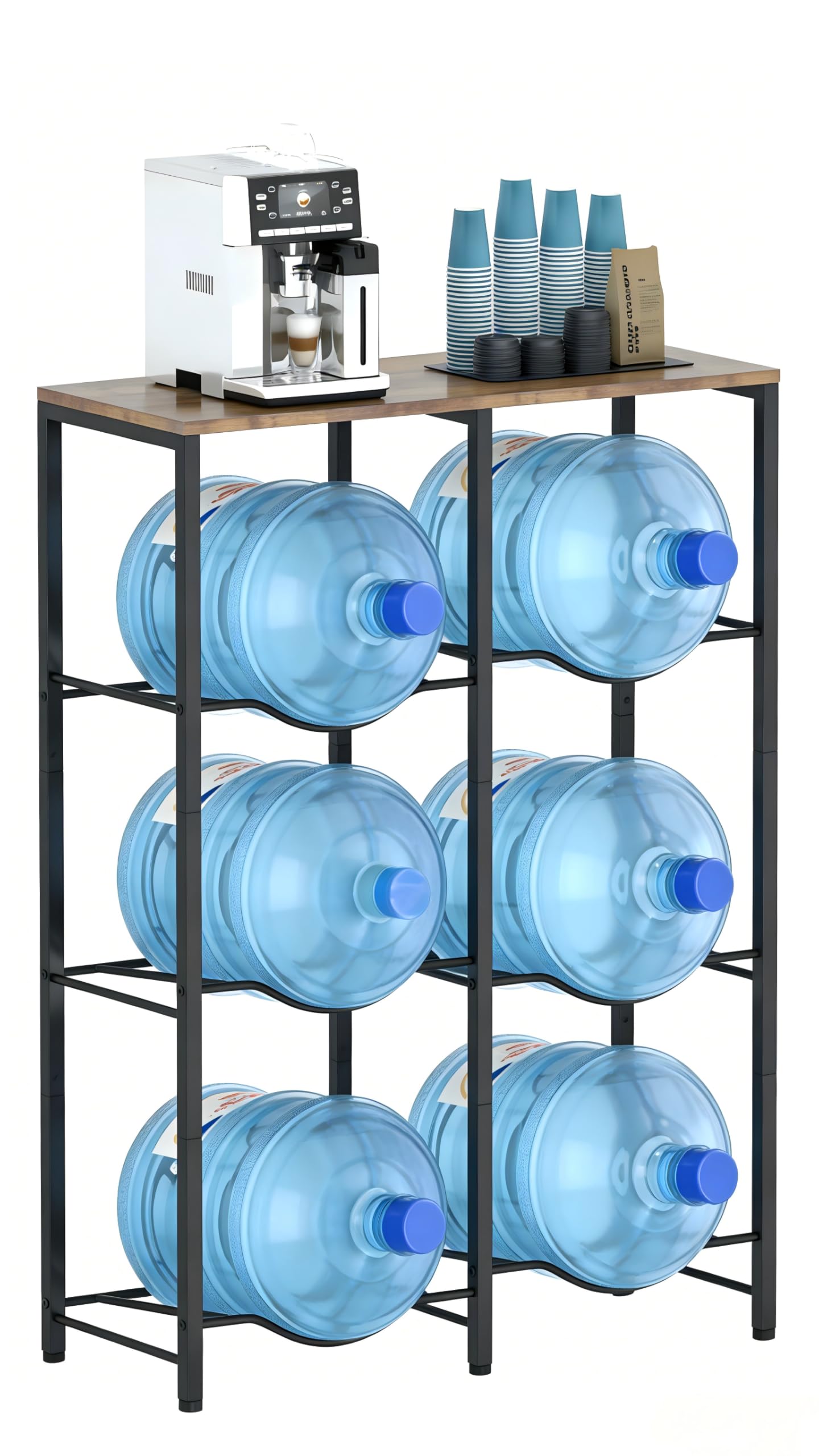 Arbuxzuy metal 5-gallon water jug holder with top shelf for cups and coffee supplies.