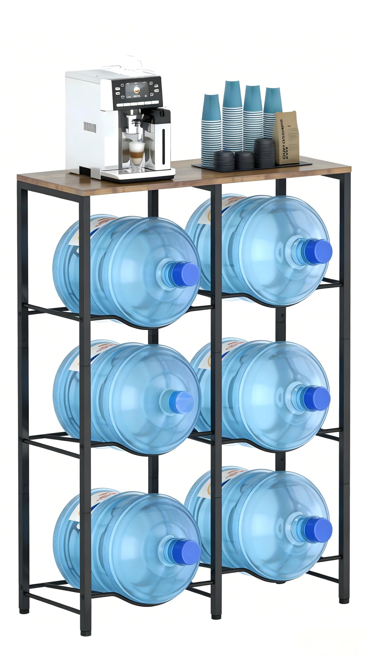 Arbuxzuy metal 5-gallon water jug holder with top shelf for cups and coffee supplies.