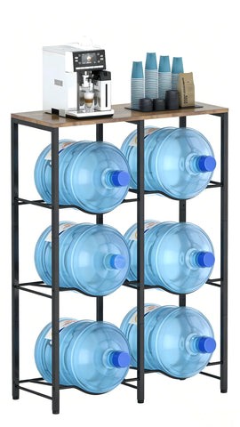 Arbuxzuy metal 5-gallon water jug holder with top shelf for cups and coffee supplies.