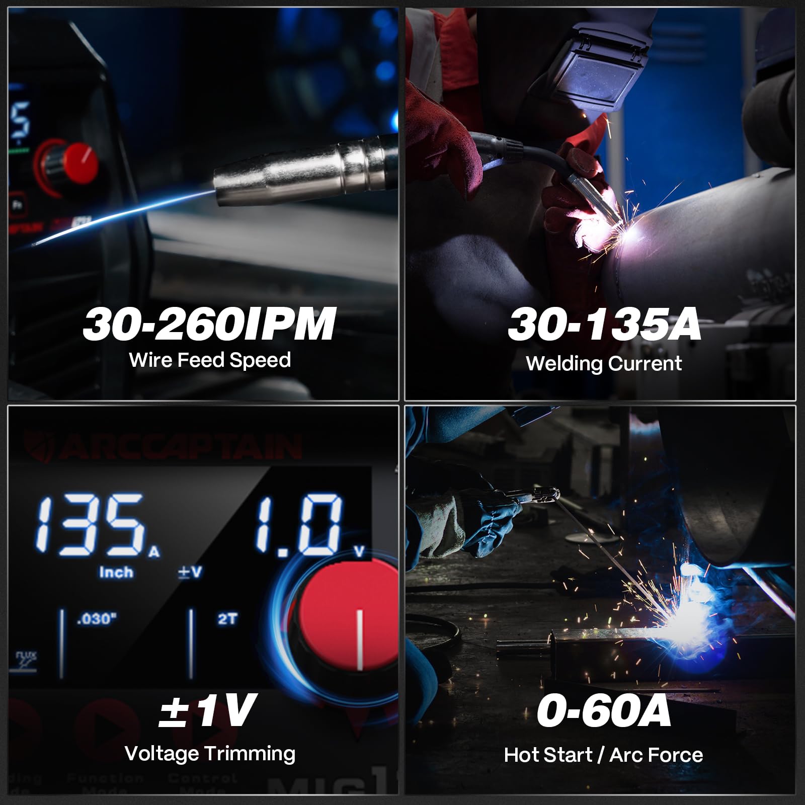 ARCCAPTAIN 135A MIG Welder offers precise manual wire feed and arc control