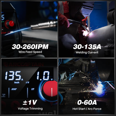 ARCCAPTAIN 135A MIG Welder offers precise manual wire feed and arc control