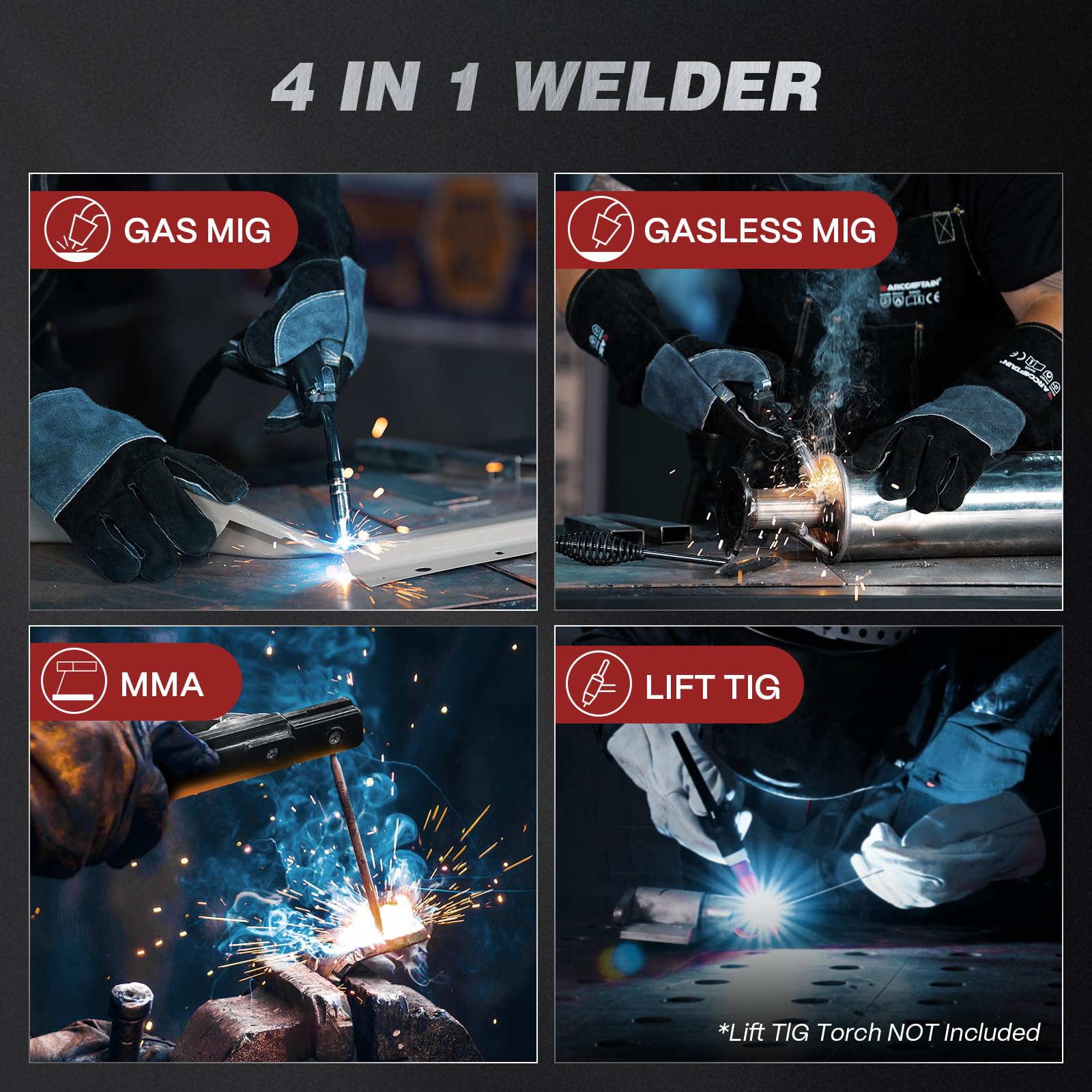 ARCCAPTAIN 160A MIG welder side panel highlighting compact portability.