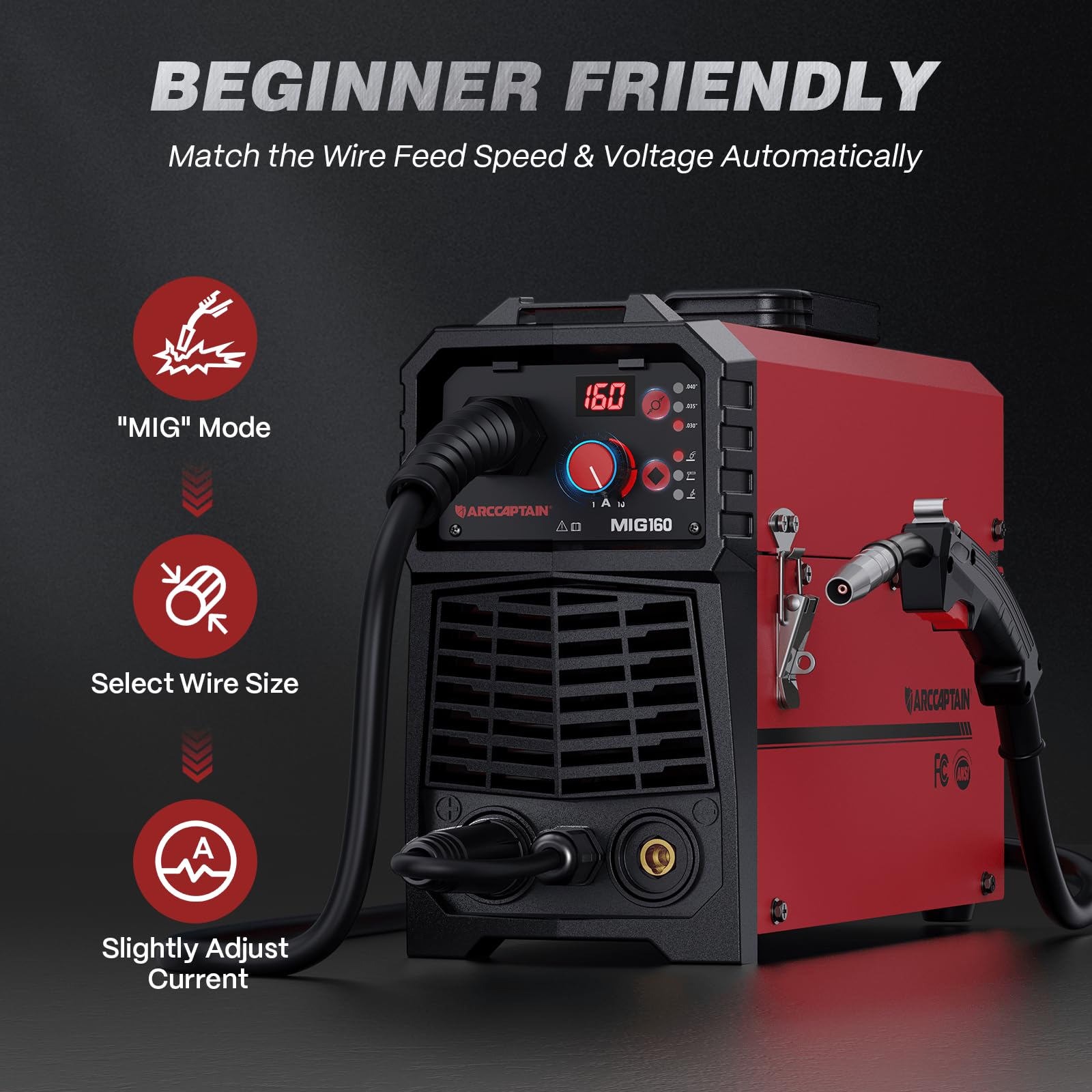 ARCCAPTAIN 160A MIG welder synergy control dial for easy setup.