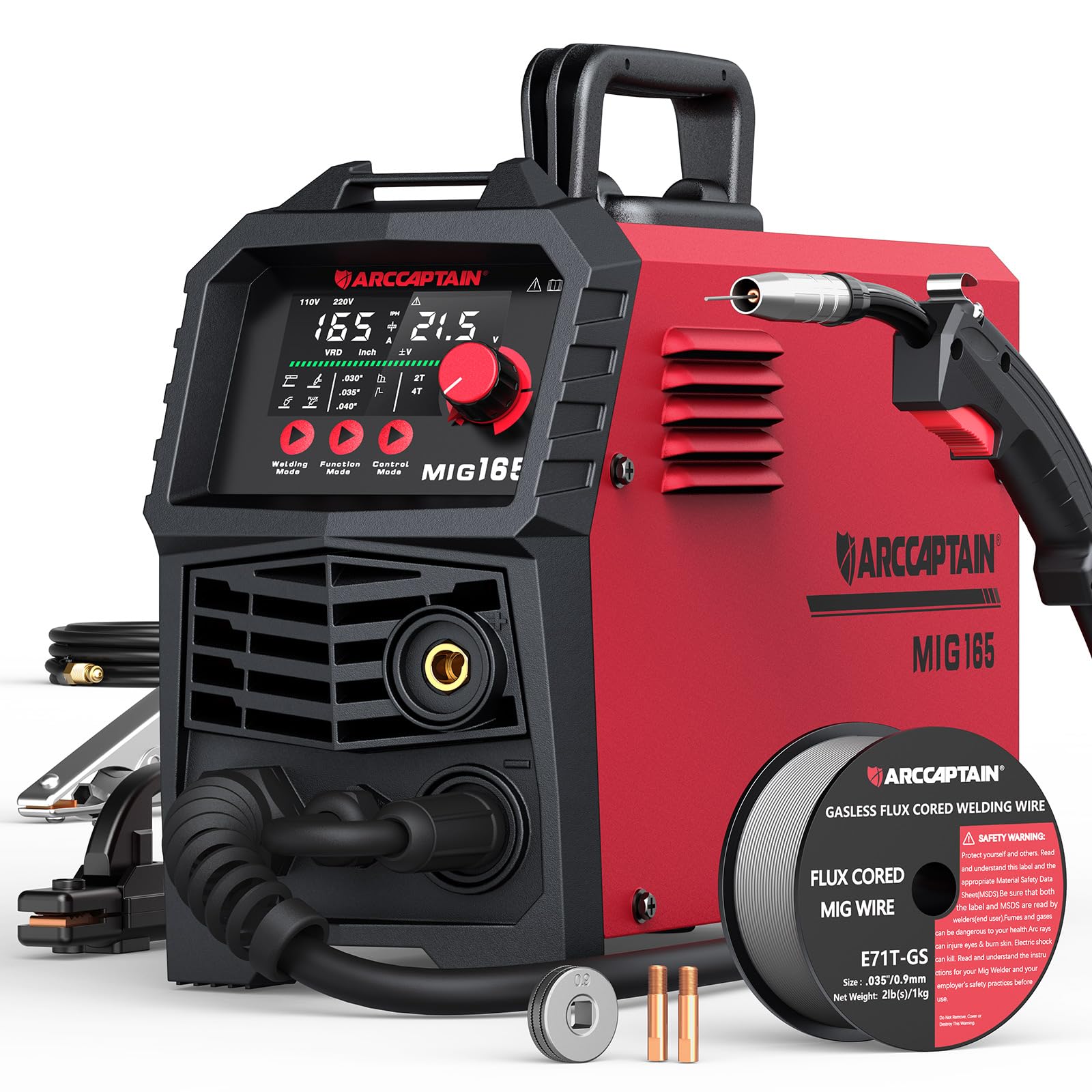 ARCCAPTAIN 165A MIG welder front view with large LED display for easy parameter reading