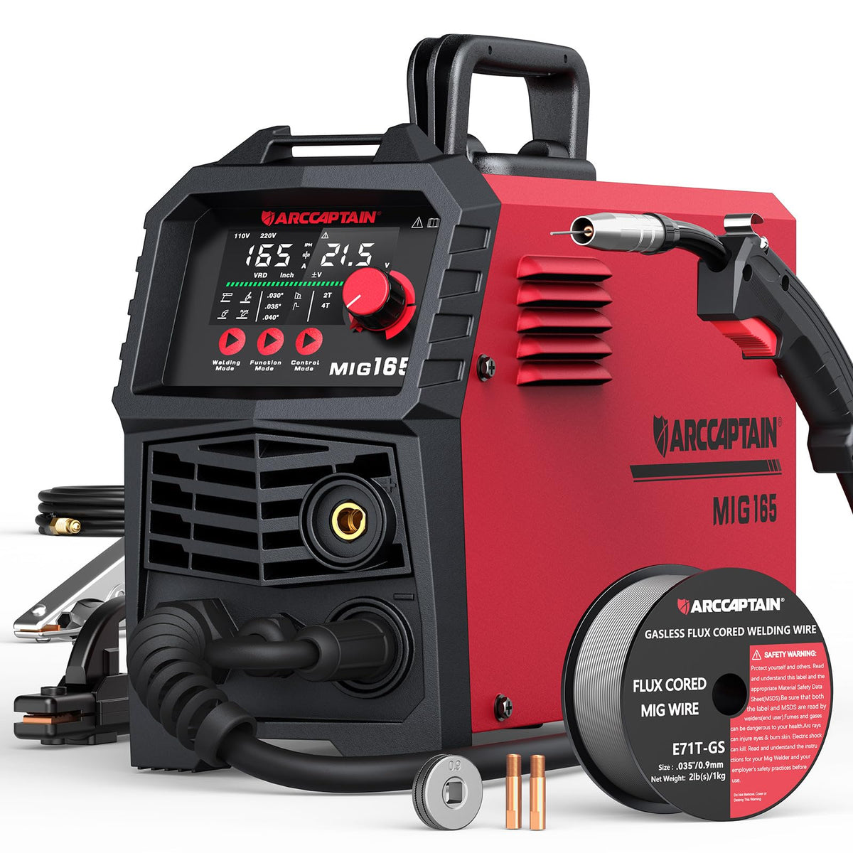 ARCCAPTAIN 165A MIG welder front view with large LED display for easy parameter reading