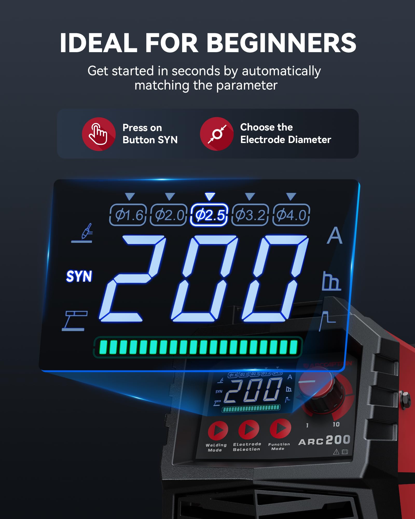 ARCCAPTAIN 200A front panel LED display showing settings clearly without helmet removal
