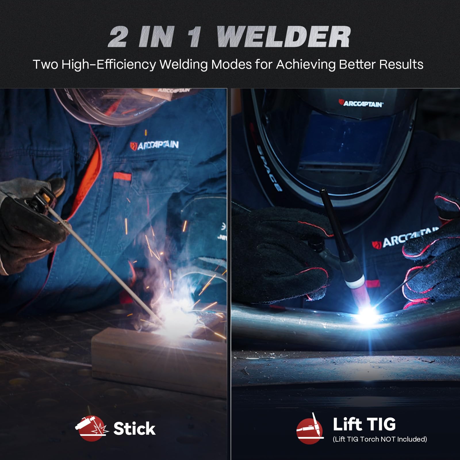ARCCAPTAIN 220Amp IGBT inverter provides a stable welding arc.
