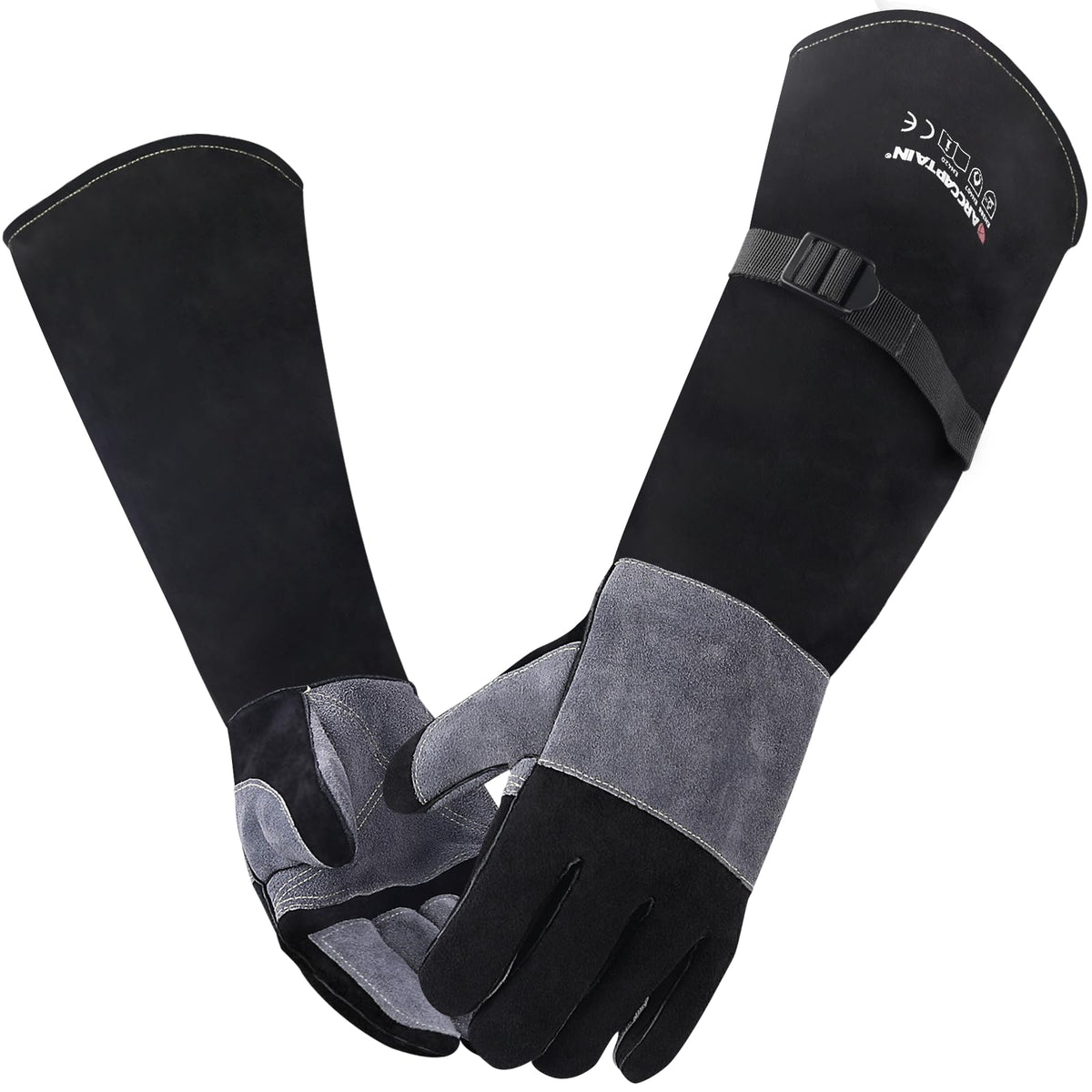 ARCCAPTAIN 24-inch leather welding gloves showing palm padding for heat and spark protection.