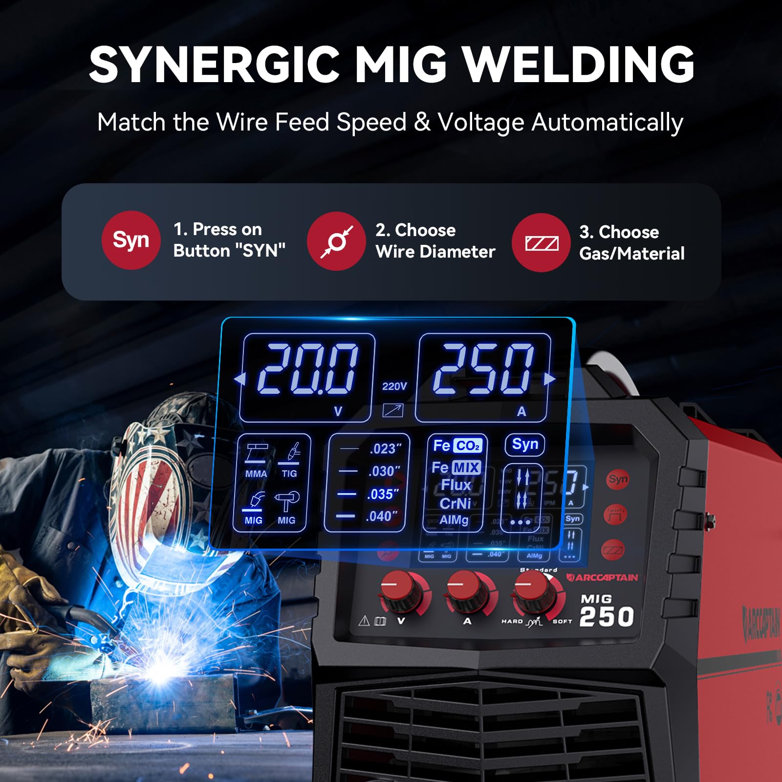 ARCCAPTAIN 250A MIG welder cables and attachments for quick setup.