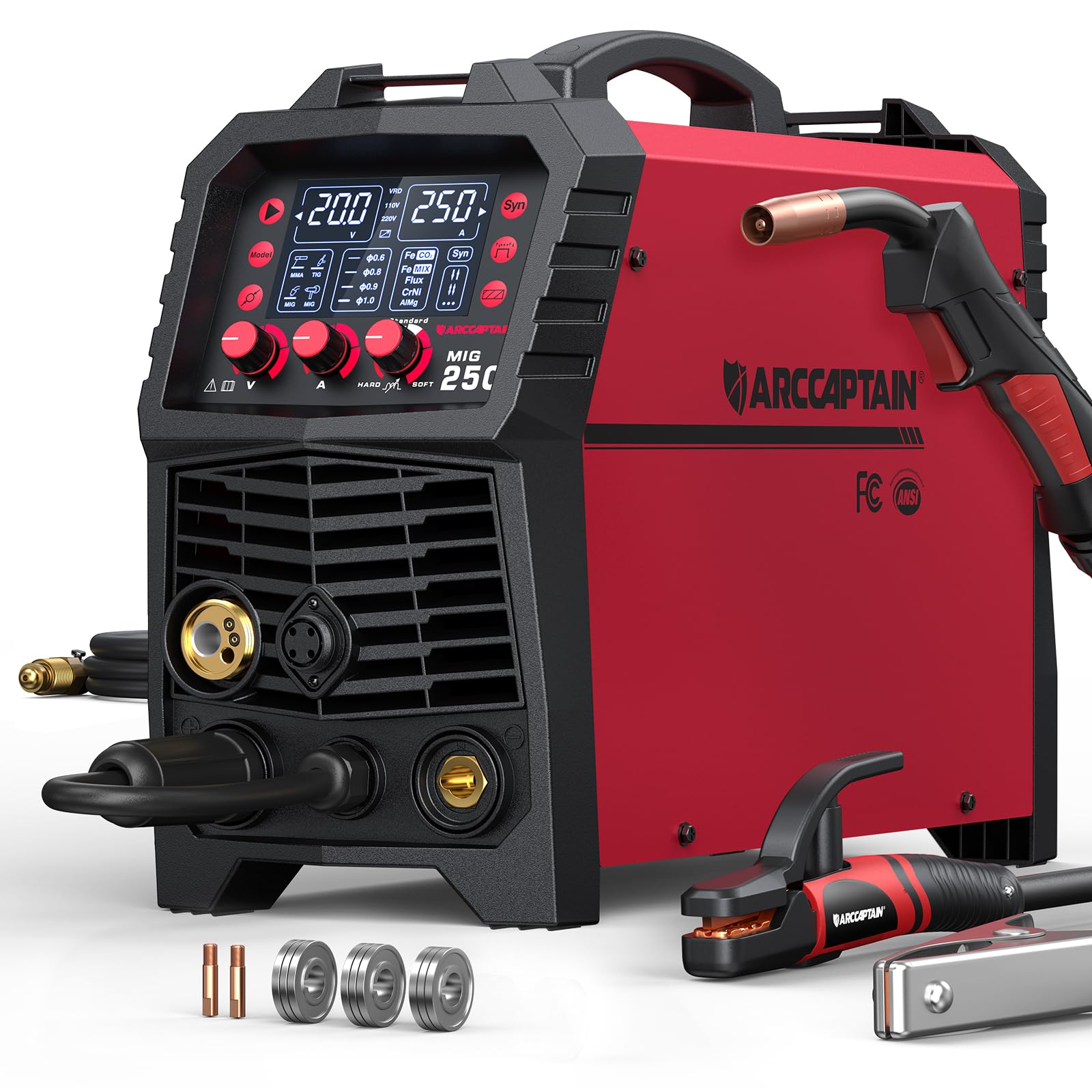 ARCCAPTAIN 250A MIG welder front view shows portable design for versatile 6-in-1 welding.