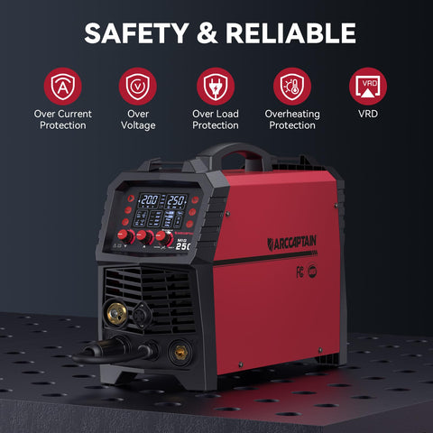 ARCCAPTAIN 250A MIG welder LED display aiding precise welding settings.