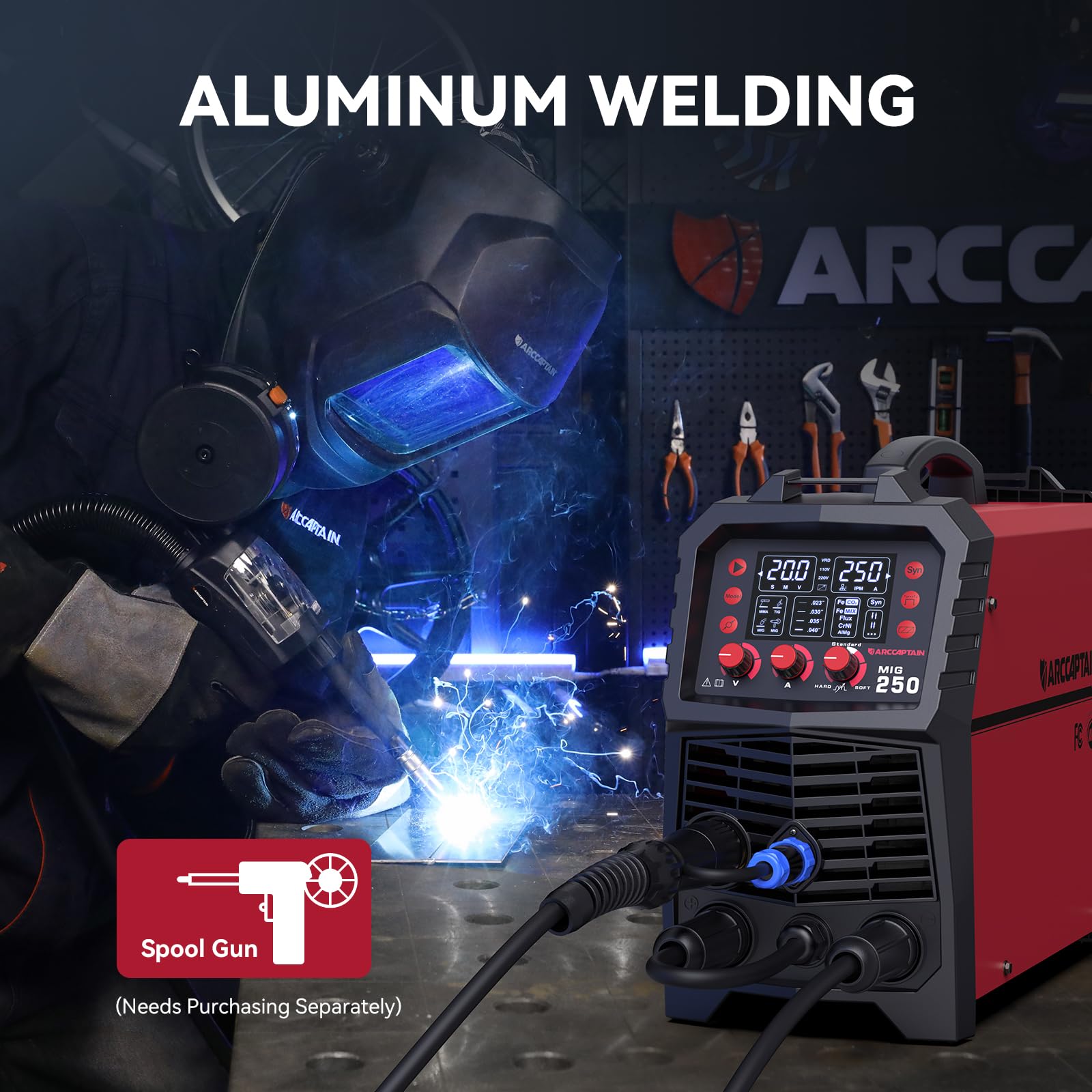 ARCCAPTAIN 250A MIG welder torch head enables smooth feed for clean welds.