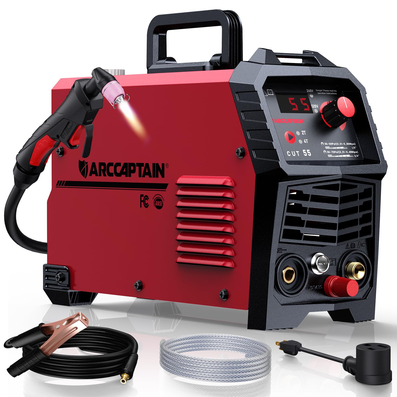 ARCCAPTAIN 55A plasma cutter front view shows compact, portable design for DIY projects.