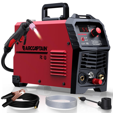 ARCCAPTAIN 55A plasma cutter front view shows compact, portable design for DIY projects.