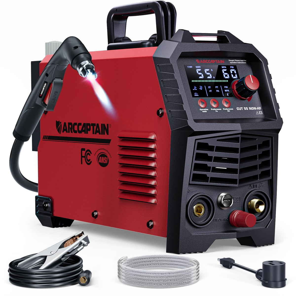ARCCAPTAIN 55Amp plasma cutter front view showing dual voltage capability for home workshops.